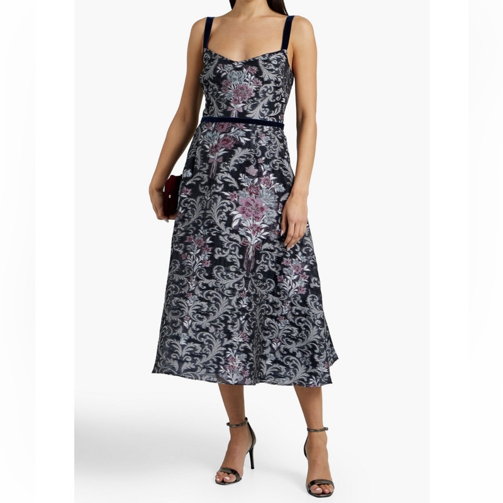 Marchesa Notte Midnight Blue Metallic Fil Coupé Organza Midi Dress